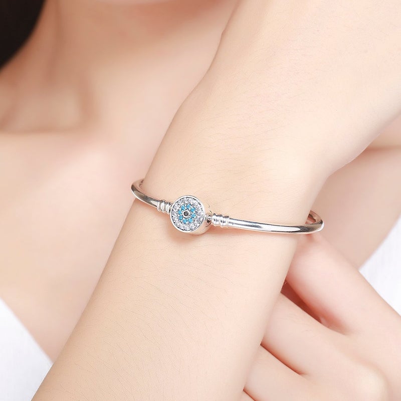 BISAER Evil Eye Bracelet Sterling Silver Clasp Charm Bangle Bracelet for Bead Charms with Sapphire Gemstones Evil Eye Clip Lock Stopper(17/19cm/ 21cm) - Image 5