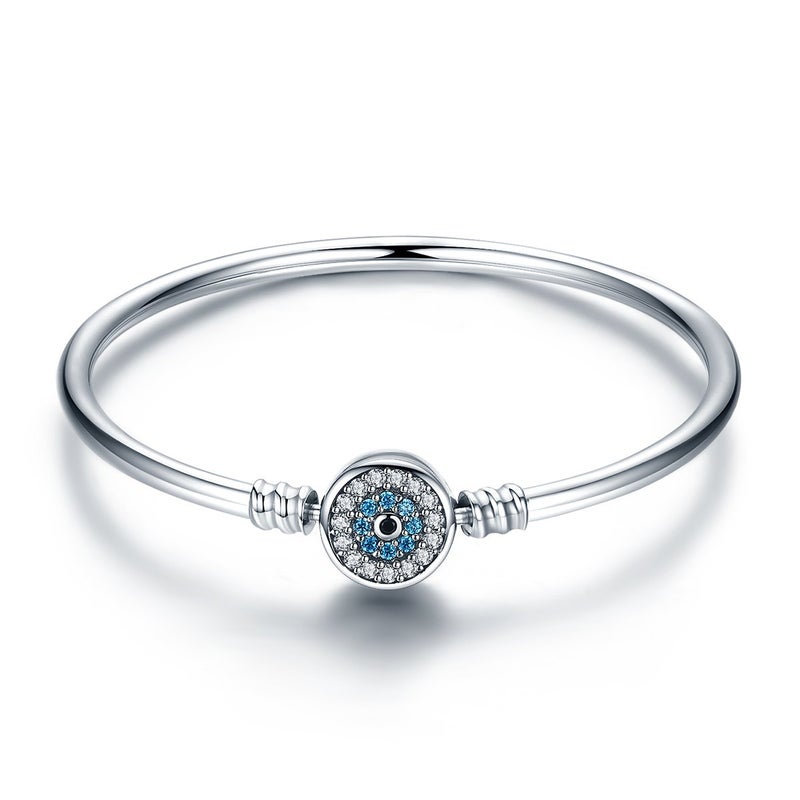 BISAER Evil Eye Bracelet Sterling Silver Clasp Charm Bangle Bracelet for Bead Charms with Sapphire Gemstones Evil Eye Clip Lock Stopper(17/19cm/ 21cm) - Image 1