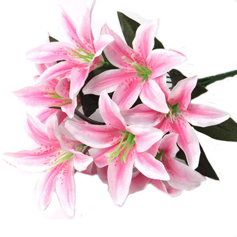 Artfen Artificial Lily 10 Heads Fake Lily Artificial Flower Wedding Party Decor Bouquet Home Hotel Office Garden Craft Art Decor Pink - Image 1