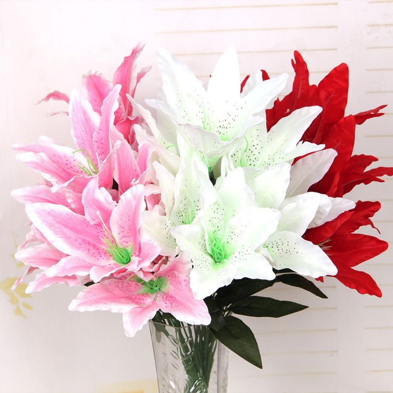 Artfen Artificial Lily 10 Heads Fake Lily Artificial Flower Wedding Party Decor Bouquet Home Hotel Office Garden Craft Art Decor Pink - Image 2