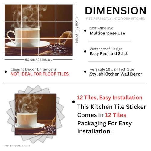 Brandian Kitchen Tile Stickers Coffee Cup Theme for Kitchen Walls, Elegant Backsplash Decor, Waterproof and Oil-Proof, Ideal for Coffee Lovers (12pcs, Pre Cut Tiles)-Self-Adhesive - Image 5