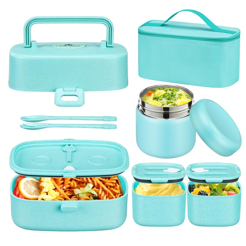 Bento Lunch Box with 8oz Soup Thermo for Kids LeakProof Food Containers 3 Compartments with Lunch Bag and Insulated Hot Food Jar for School Outdoors Office