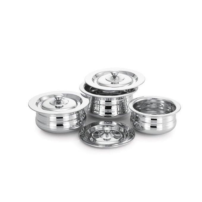 STAINLESS STEEL SERVING DISH (KABALI 3 PCS SET) WITH LID POT FOR RICE/BIRYANI/CURRIES/DALS HANDI POT 3 PCS SET (POT1-12.6X8.6CM, POT2-13.8X8.9CM, POT3-15X9.6CM)