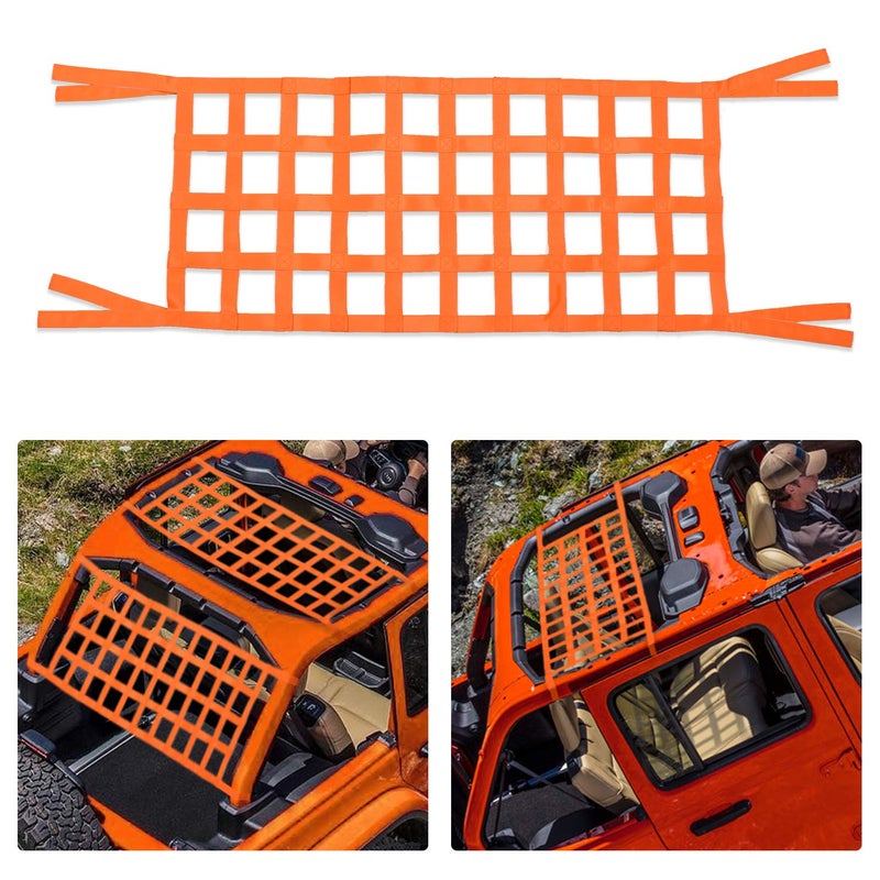 ONE250 Cargo Mesh Heavy Duty Net, Roof Top Hammock or Rear Trunk Restraint Baggage Cover, Compatible with Jeep Wrangler TJ JK JKU JL JLU YJ Sahara Rubicon Unlimited (1987-2024) 2 Door 4 Door (Orange)