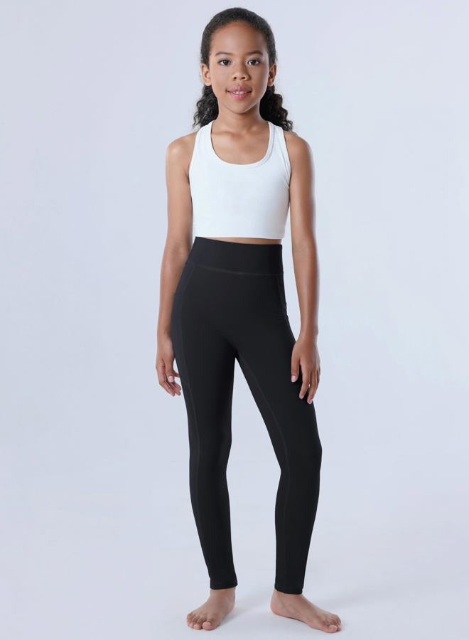 Yitoco Girls Leggings with Pockets Athletic High Waisted Kids Workout Dance Running Yoga Pants, Black, 9-10 Years - Image 2