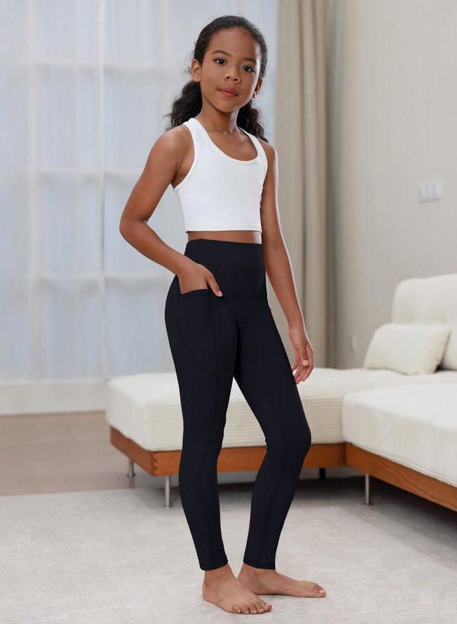 Yitoco Girls Leggings with Pockets Athletic High Waisted Kids Workout Dance Running Yoga Pants, Black, 9-10 Years - Image 3