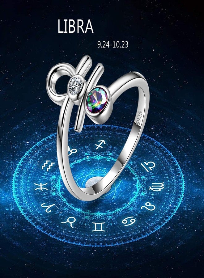 Aurora Tears Libra Zodiac Rings Women 12 Constellation Horoscope Sign 925 Sterling Silver Mystic Rainbow Topaz Astrology Star Adjustable Birthday Gifts Fire Topaz Present DR0087T - Image 4
