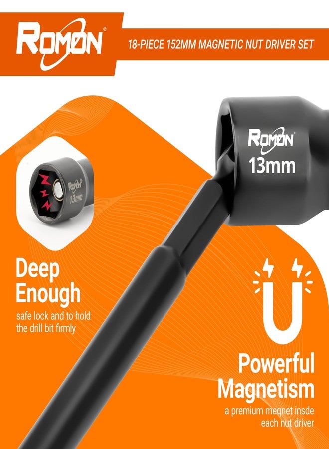 ROMON Magnetic Long Nut Driver Set by ROMON, 18 Pcs Shank Nut Driver for Impact Drill Driver, SAE and Metric Screwdriver Bits, Hex Nut Setter Driver Holder, Quick-Release Extension with Storage Bag - Image 4