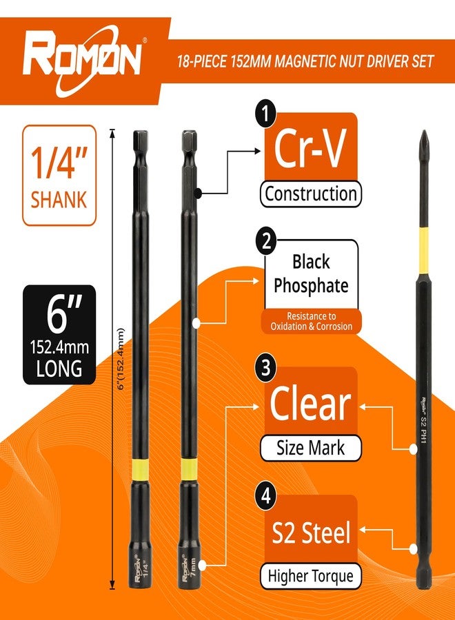 ROMON Magnetic Long Nut Driver Set by ROMON, 18 Pcs Shank Nut Driver for Impact Drill Driver, SAE and Metric Screwdriver Bits, Hex Nut Setter Driver Holder, Quick-Release Extension with Storage Bag - Image 3