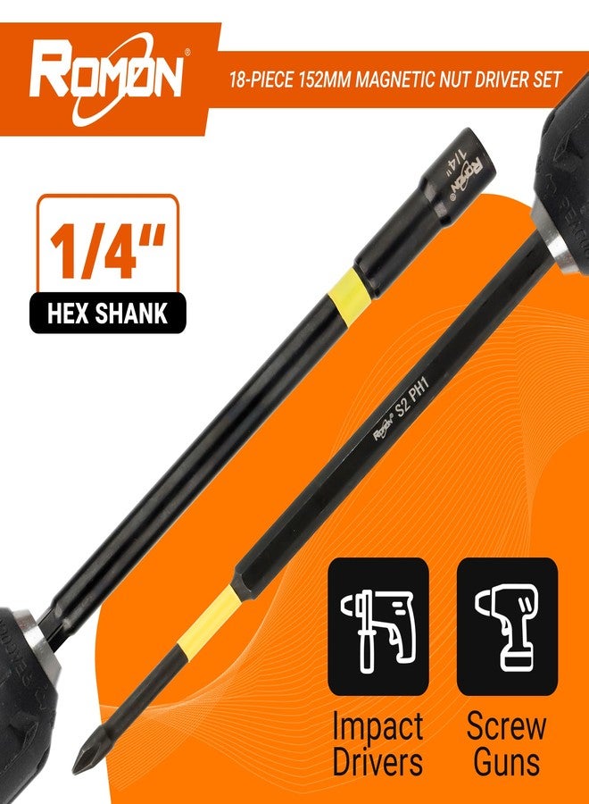 ROMON Magnetic Long Nut Driver Set by ROMON, 18 Pcs Shank Nut Driver for Impact Drill Driver, SAE and Metric Screwdriver Bits, Hex Nut Setter Driver Holder, Quick-Release Extension with Storage Bag - Image 5