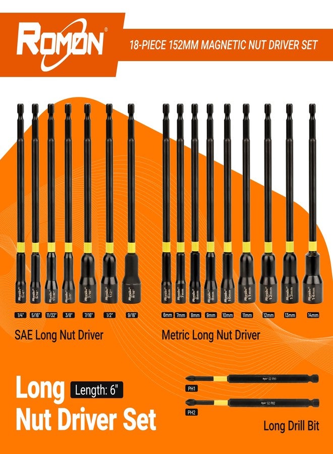 ROMON Magnetic Long Nut Driver Set by ROMON, 18 Pcs Shank Nut Driver for Impact Drill Driver, SAE and Metric Screwdriver Bits, Hex Nut Setter Driver Holder, Quick-Release Extension with Storage Bag - Image 2