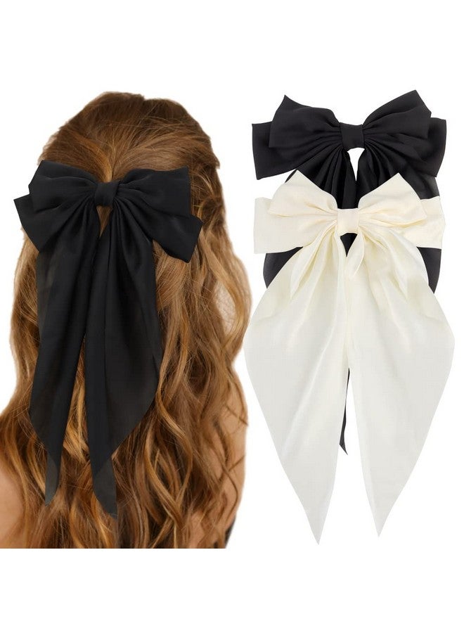 ATODEN Silky Satin Hair Bows 2Pcs Big Hair Bows for Women Hair Ribbons Oversized Long Tail White Hair Bow Black Hair Bow Large Hair Ribbon Barrettes Metal Clips Bowknot Aesthetic Hair Accessories - Image 1
