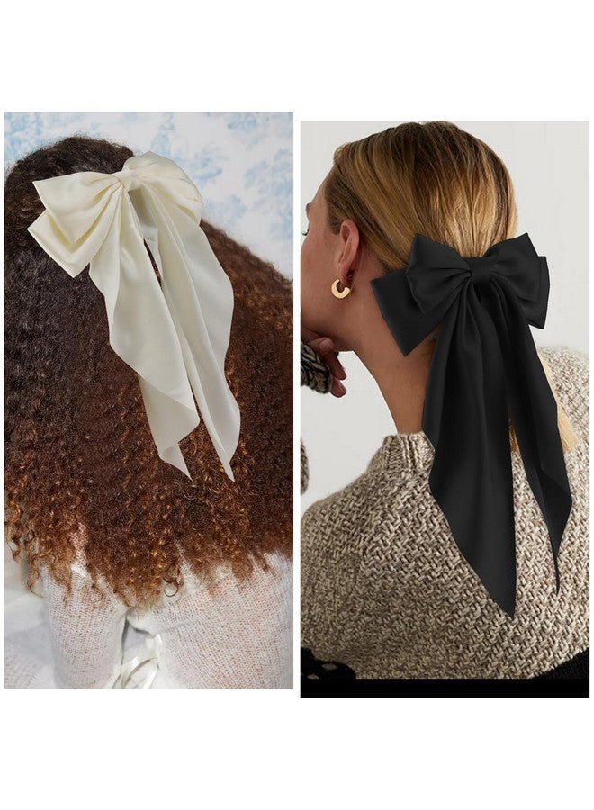 ATODEN Silky Satin Hair Bows 2Pcs Big Hair Bows for Women Hair Ribbons Oversized Long Tail White Hair Bow Black Hair Bow Large Hair Ribbon Barrettes Metal Clips Bowknot Aesthetic Hair Accessories - Image 4