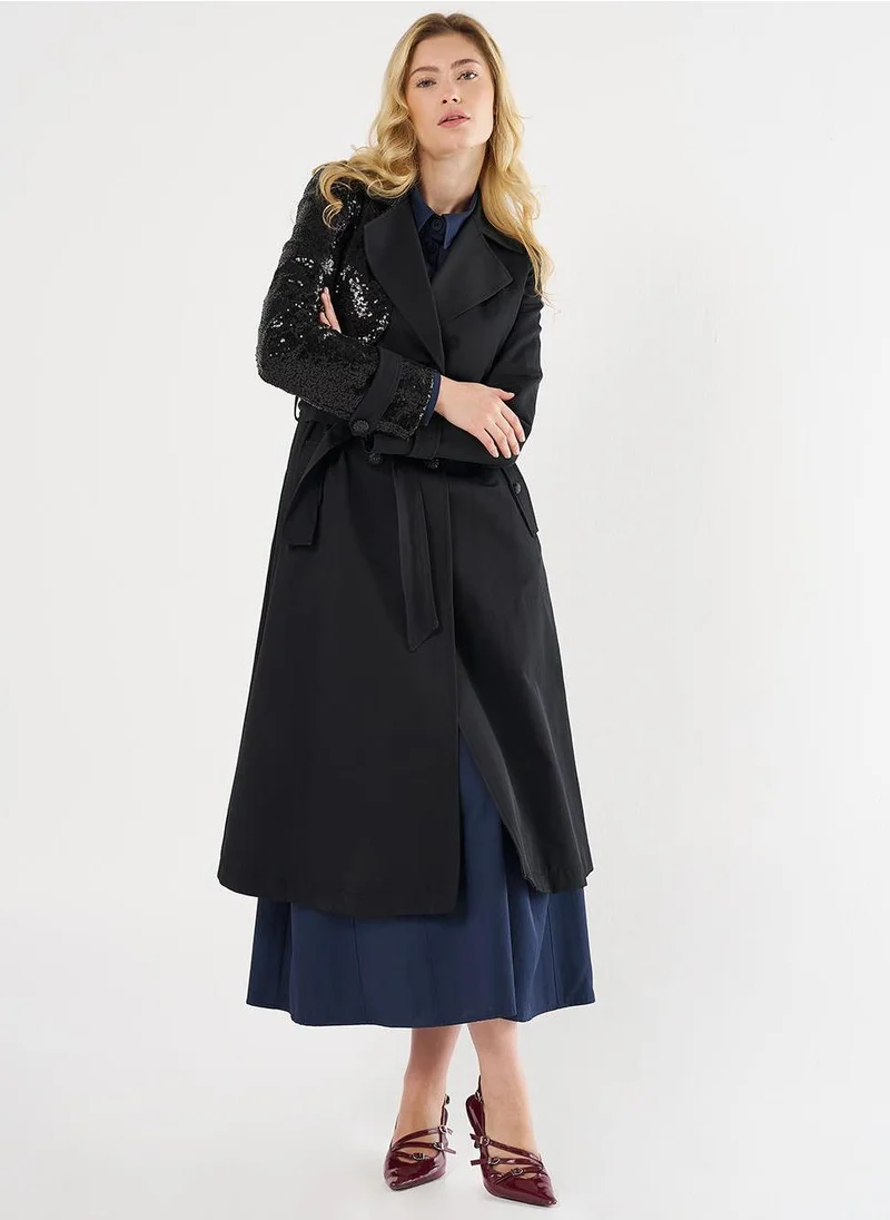 Kayra Belted Trench Coat with Sequin Details Black