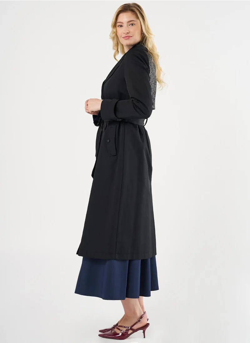 Kayra Belted Trench Coat with Sequin Details Black