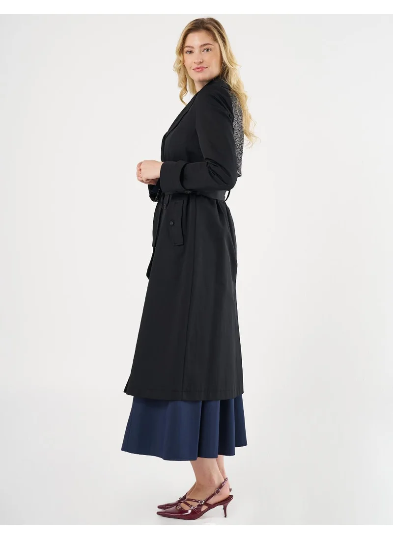 Kayra Belted Trench Coat with Sequin Details Black