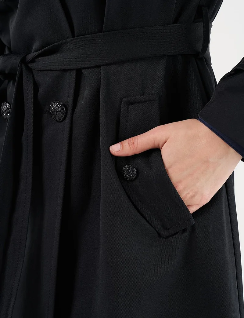 Kayra Belted Trench Coat with Sequin Details Black