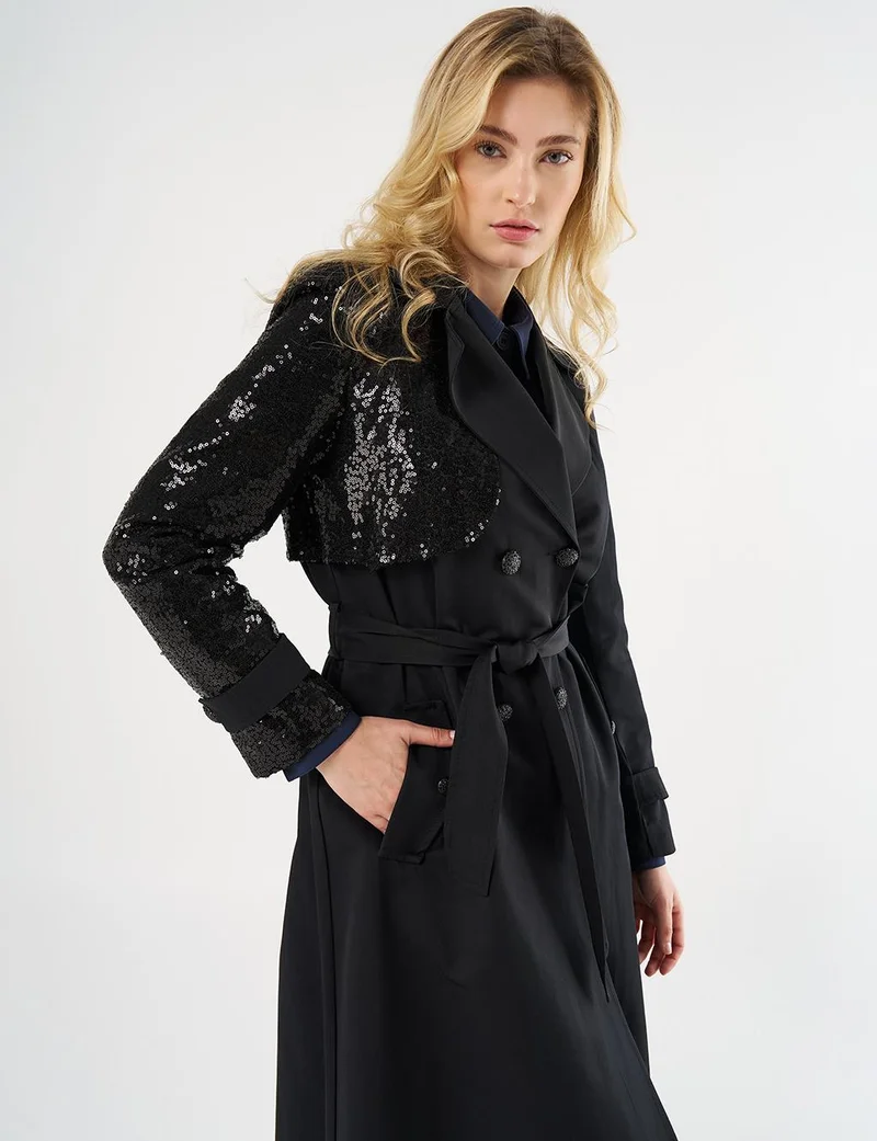 Kayra Belted Trench Coat with Sequin Details Black