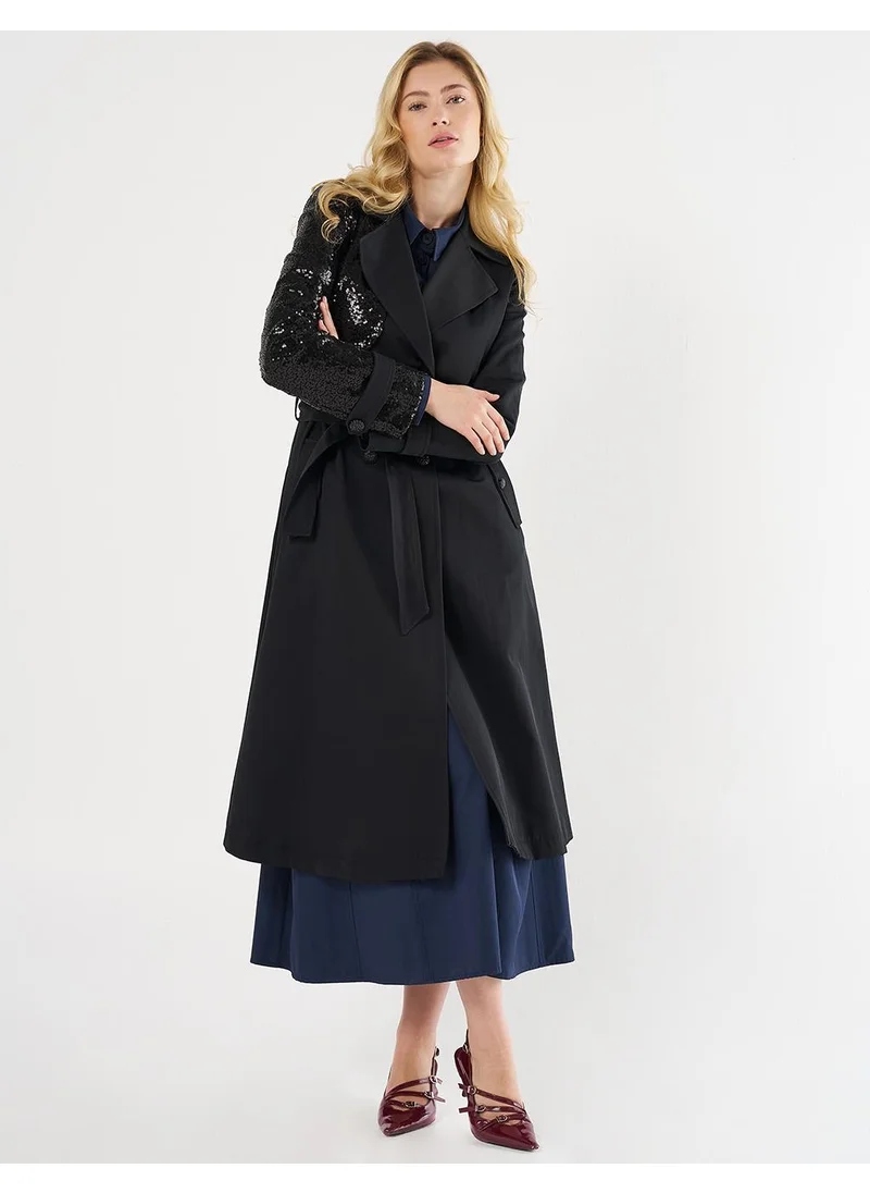 Kayra Belted Trench Coat with Sequin Details Black