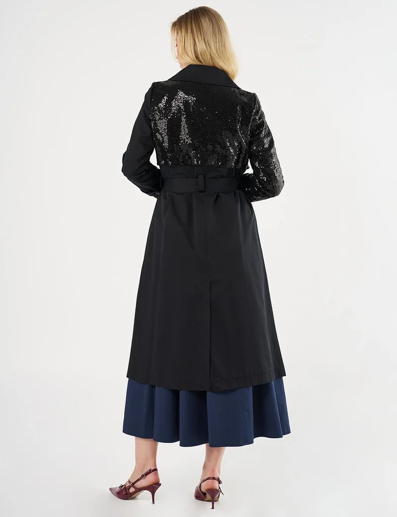 Kayra Belted Trench Coat with Sequin Details Black
