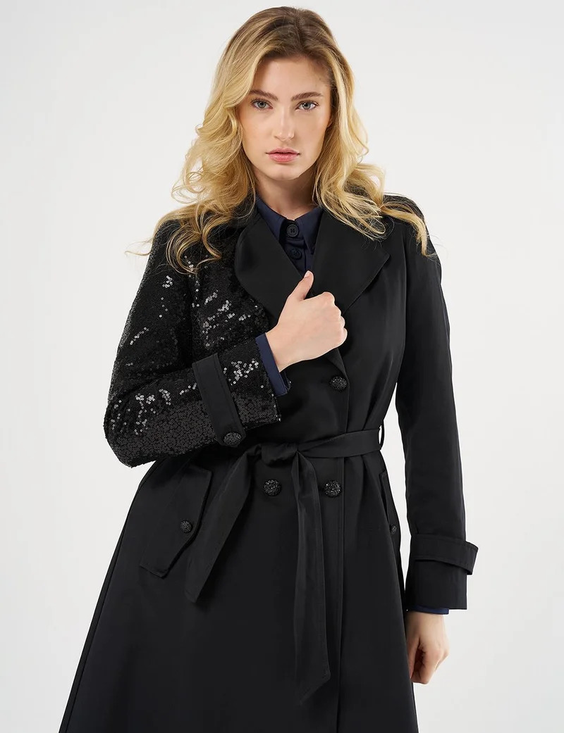 Kayra Belted Trench Coat with Sequin Details Black