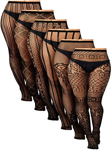 Skylety 6 Pairs Women Fishnet Suspender Pantyhose Thigh-High Stockings Tights Stretchy High for Halloween Party Dress up (Black, X-Large-XX-Large) - Image 1