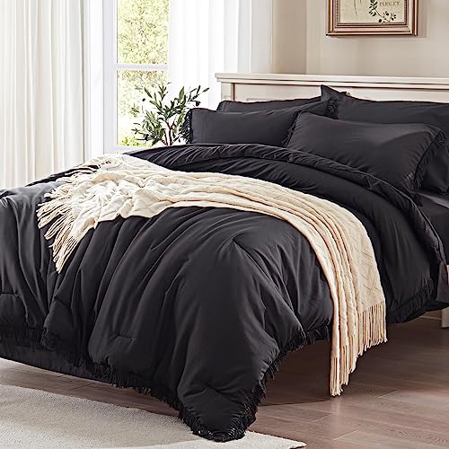 Anluoer Queen Comforter Set 7 Piece with SheetsBlack Boho Bed in a Bag with Tassel Lightweight Soft Bedding Sets with 1 Comforter 2 PillowShams 2 Pillowcases 1 Flat Sheet 1 Fitted Sheet