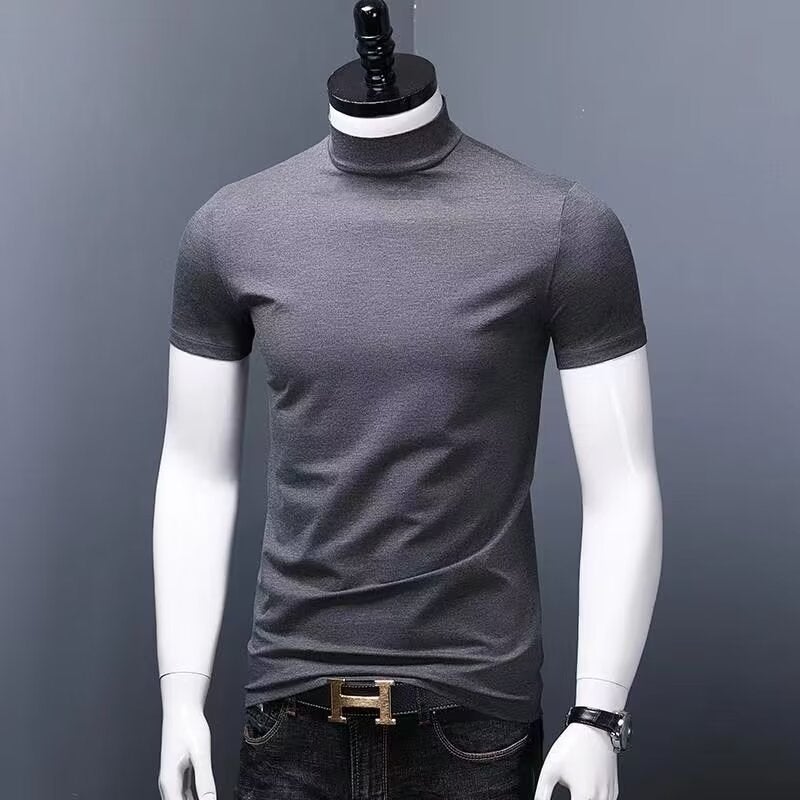 T-Shirt Men'S Short-Sleeved Slim-Fit Middle Collar Base Shirt Solid Color High Round Neck Half-Sleeved T-Shirt For Teenagers - Image 2