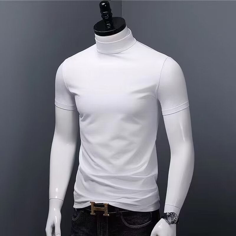 T-Shirt Men'S Short-Sleeved Slim-Fit Middle Collar Base Shirt Solid Color High Round Neck Half-Sleeved T-Shirt For Teenagers - Image 3