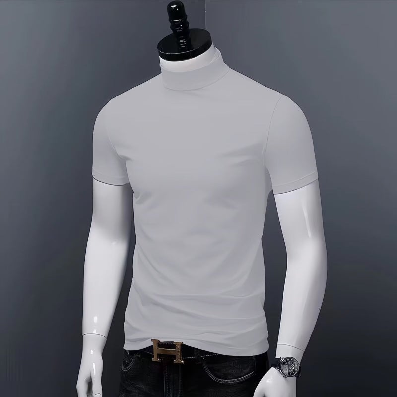T-Shirt Men'S Short-Sleeved Slim-Fit Middle Collar Base Shirt Solid Color High Round Neck Half-Sleeved T-Shirt For Teenagers - Image 1