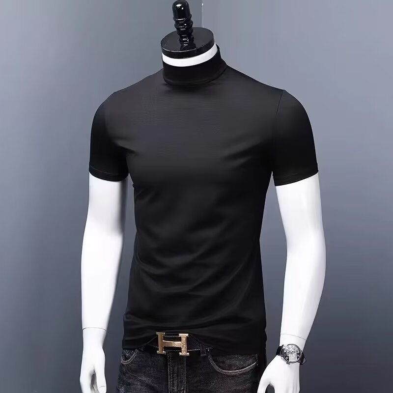 T-Shirt Men'S Short-Sleeved Slim-Fit Middle Collar Base Shirt Solid Color High Round Neck Half-Sleeved T-Shirt For Teenagers - Image 5