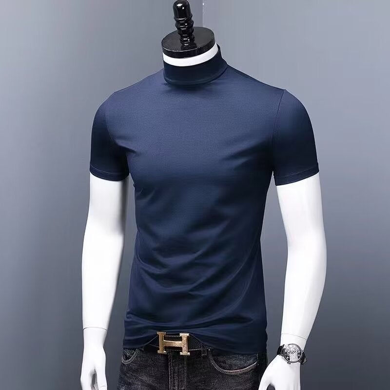 T-Shirt Men'S Short-Sleeved Slim-Fit Middle Collar Base Shirt Solid Color High Round Neck Half-Sleeved T-Shirt For Teenagers - Image 4