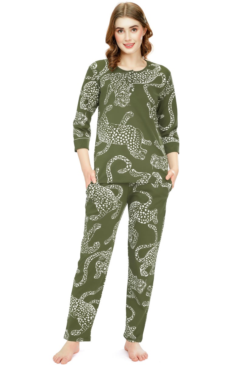 ZEYO Night Suit for Women's Olive Green Leopard Printed Cotton Night Dress of Top and Pajama Set 5787 - Image 1