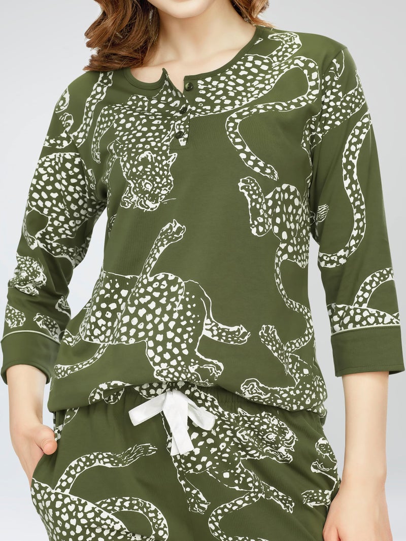 ZEYO Night Suit for Women's Olive Green Leopard Printed Cotton Night Dress of Top and Pajama Set 5787 - Image 2