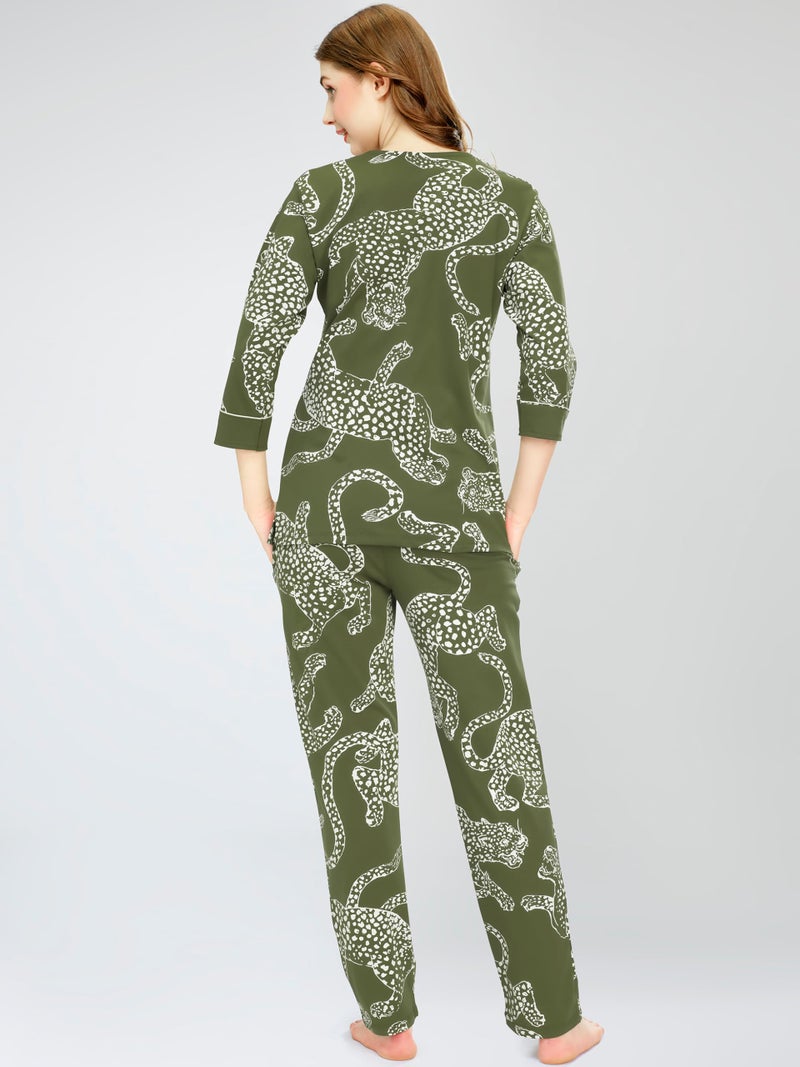 ZEYO Night Suit for Women's Olive Green Leopard Printed Cotton Night Dress of Top and Pajama Set 5787 - Image 5