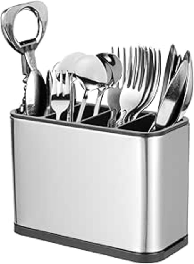 QUARKZMAN Kitchen Utensil Stand, Stainless Steel Square Partition Storage Kitchen Utensil Stand 4 Compartment 7.1" Trolley Cutlery Countertop Organizer, Silver Tone