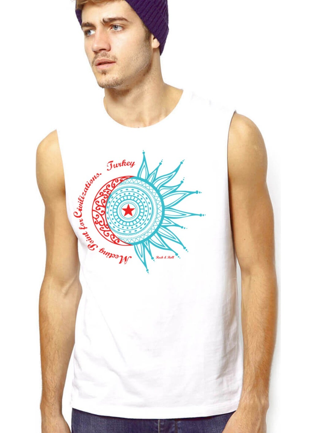 Rock&Roll Türkiye Crescent Star White Cut Sleeve | Sleeveless Men's T-Shirt | Undershirt 