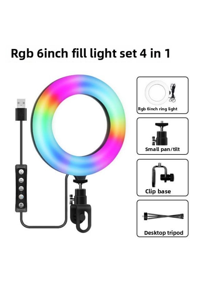 6 Inch Small Fill Light Computer Video Conference Rgb Ring Clip Network Teaching Notebook Led Live Light-Light Source Color:6 Inch RGB Colorful Desktop Live Light (lock) + Desktop Metal Tripod  - Image 1
