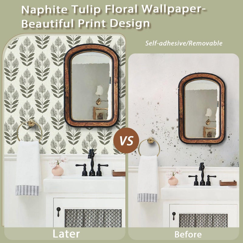 Naphite Tulip Floral Peel and Stick Wallpaper Vintage Leaf Contact Paper for Cabinet Drawer Boho Contact Paper Self Adhesive Wallpaper for Bathroom Farmhouse Retro Flower Wall Decor 17.3inW 78.7inL - Image 4