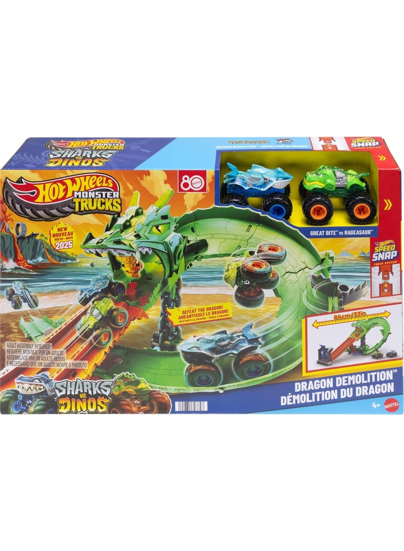 Hot Wheels Monster Trucks Toy Train Sharks vs. Dinosaurs, Destruction of the Dragon, for Children from 4 Years - Image 1