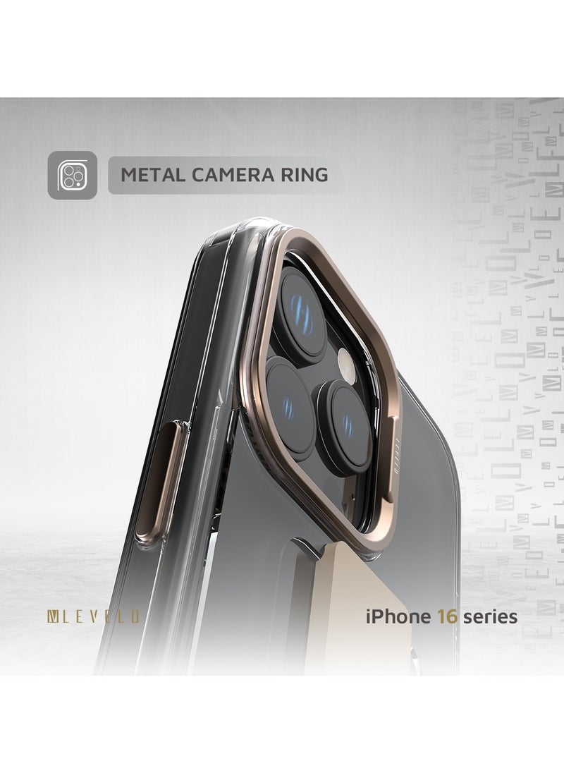 LEVELO - iPhone 16 Pro Max Case Graphia IMD Silicone Grip Cover/ Hybrid Construction/ Metal Camera Ring/ Impact Resistant Corners - Rose Gold Titanium - Image 1