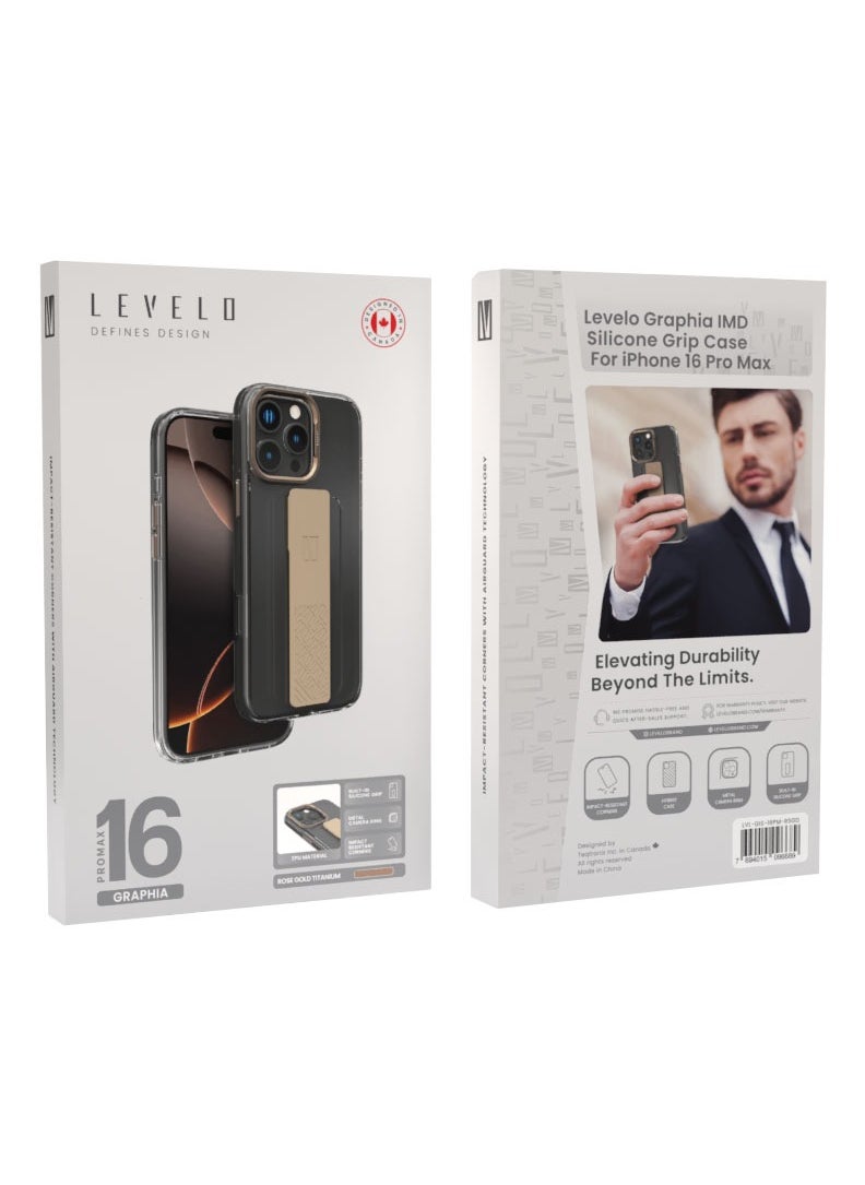 LEVELO - iPhone 16 Pro Max Case Graphia IMD Silicone Grip Cover/ Hybrid Construction/ Metal Camera Ring/ Impact Resistant Corners - Rose Gold Titanium - Image 1