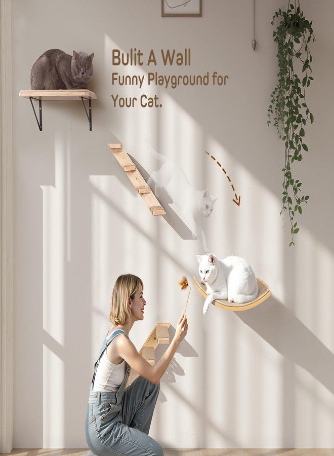 PELUOMOZ Wall Mounted Cat Shelves Stairs Set, 4 Piece Wood Cats Wall Furniture with Sisal Cat Window Perch, Flat Perch & Dual 4-Step Ladders for Climbing & Scratching - Image 2