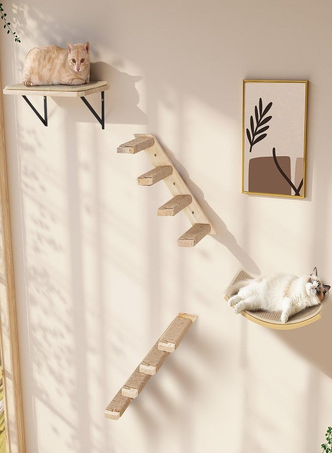 PELUOMOZ Wall Mounted Cat Shelves Stairs Set, 4 Piece Wood Cats Wall Furniture with Sisal Cat Window Perch, Flat Perch & Dual 4-Step Ladders for Climbing & Scratching - Image 1