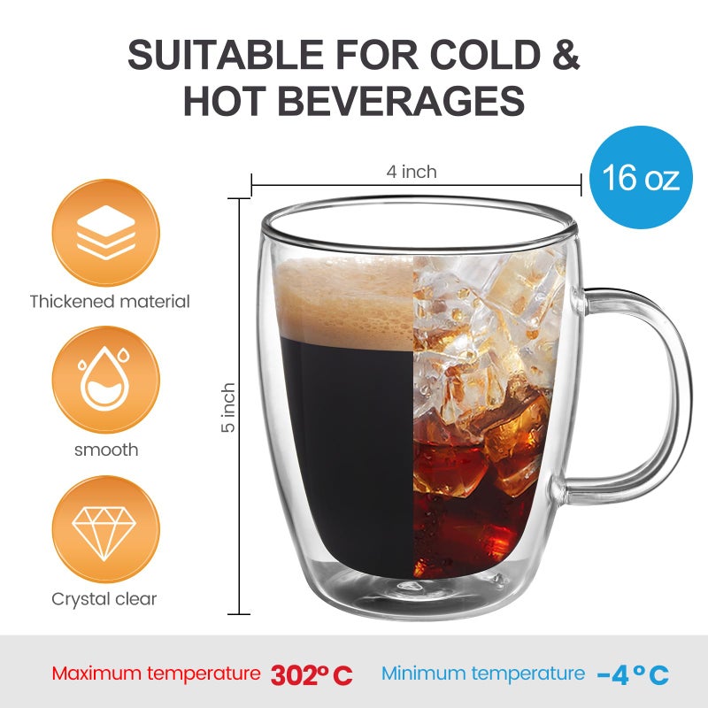 YUNCANG Double Wall Insulated Coffee Mugs, 16 Ounces - Clear Glass, Cappuccino & Latte Cups, Heat Resistant - Image 2