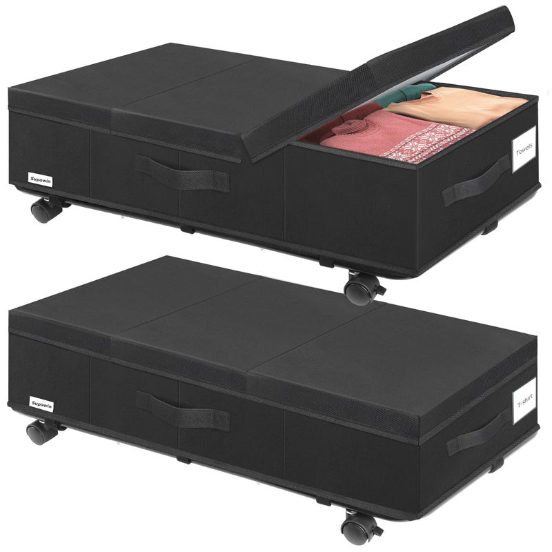 Supowin Under Bed Storage with Wheels Rolling Underbed Storage Containers with Lids Under Bed Shoe Storage Bins Organizer with Reinforced Metal Bottom Support and Three Handles
