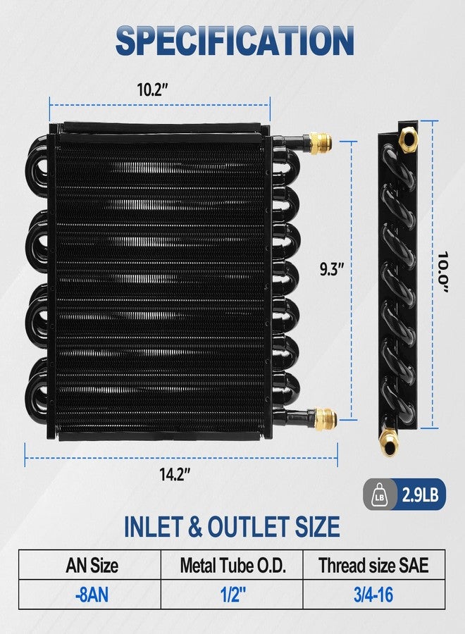 TEMSONE 16 Pass 1/2" Transmission Cooler, 16 Rows 8AN Tube Fin Cooler Air Compressor Aftercooler, Compatible with 1/2" transmission cooler lines Universal Black - Image 2