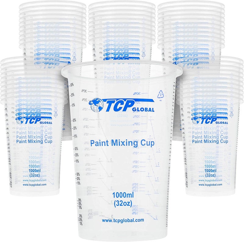 تي سي بي جلوبال أكواب خلط بلاستيكية متدرجة TCP Global سعة 32 أونصة (1000 مل) (علبة 50) - أكواب قياس بلاستيكية تستخدم لمرة واحدة للسوائل، الدهانات، الراتنج، الإيبوكسي، الفن، المطبخ - نسب 2-1، 3-1، 4-1 مل - Image 1