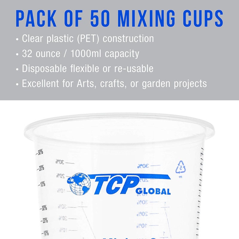 تي سي بي جلوبال أكواب خلط بلاستيكية متدرجة TCP Global سعة 32 أونصة (1000 مل) (علبة 50) - أكواب قياس بلاستيكية تستخدم لمرة واحدة للسوائل، الدهانات، الراتنج، الإيبوكسي، الفن، المطبخ - نسب 2-1، 3-1، 4-1 مل - Image 3