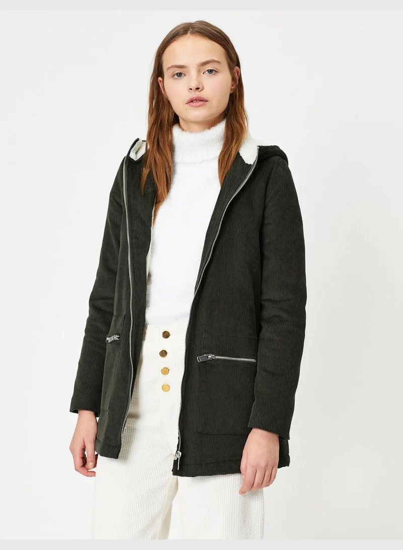 KOTON Cotton Hooded Pocket Detailed Zipper Detailed Coat